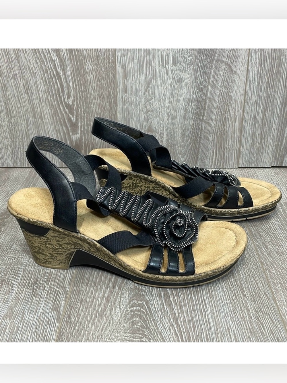 Rieker Antistress Black Leather Strappy Wedge Sandal Zipper Rosette 41 (US 9)